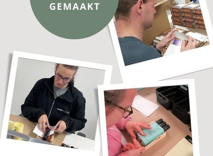 Collage van medewerkers die aan de werktafel producten en verpakkingen klaarmaken